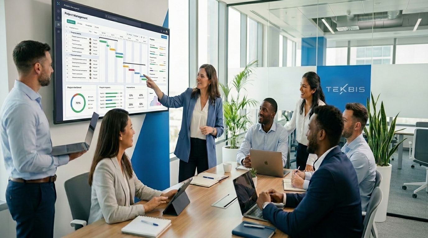 TekBis diverse team collaborating in a modern office